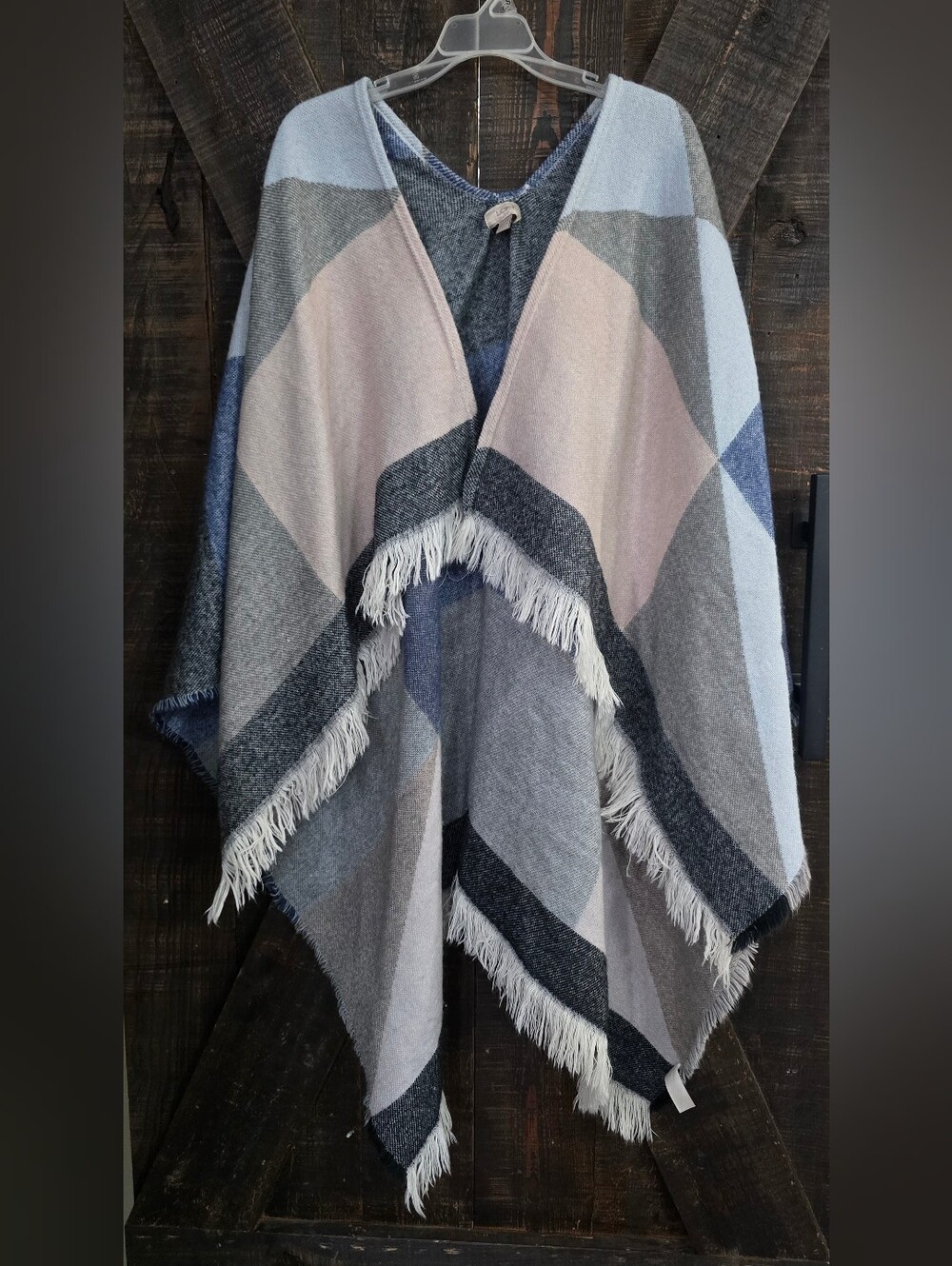 Ann Taylor LOFT Cozy Geometric Fringe Poncho - Light Blue, Gray & Cream ONE SIZE